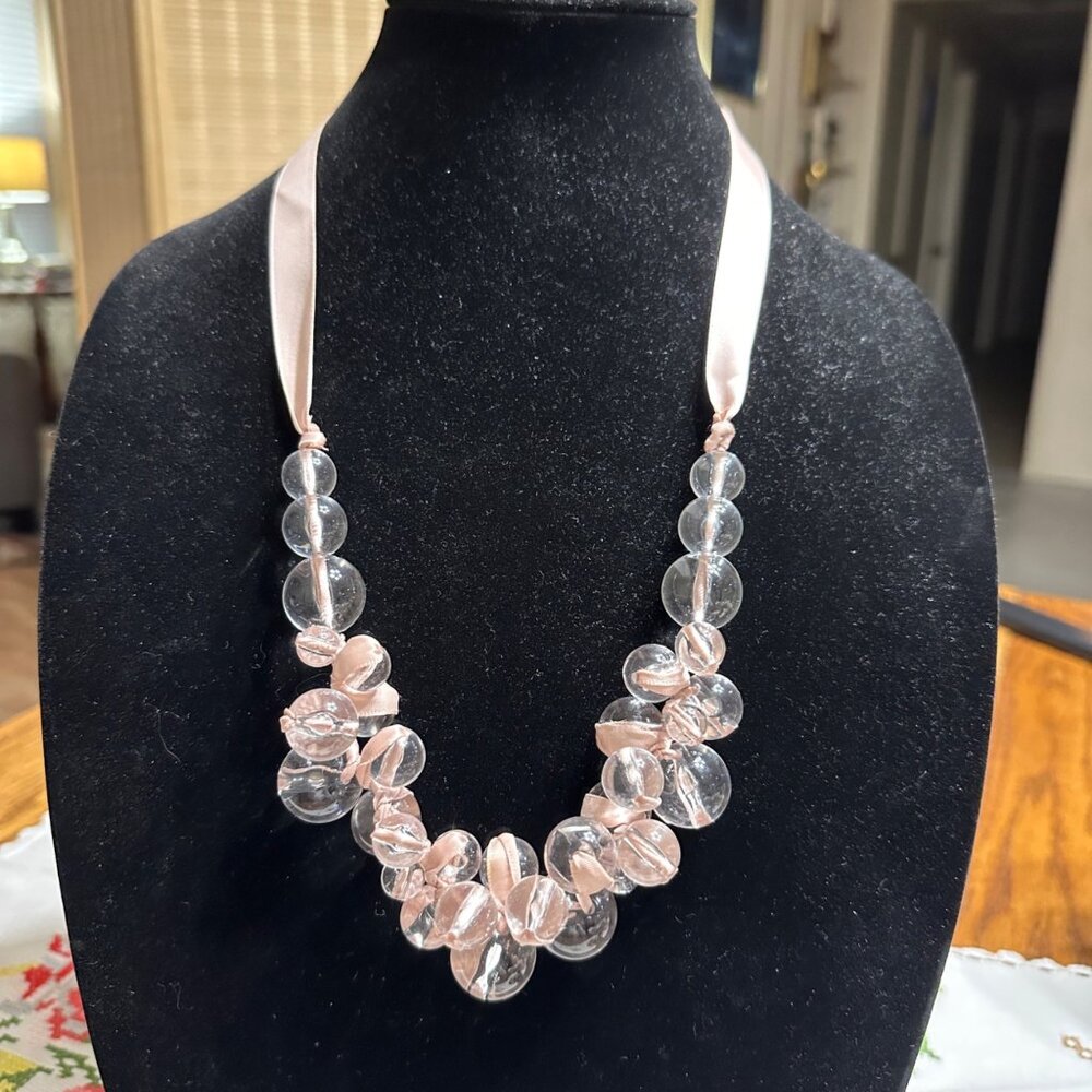 Clear & Blush Beaded Statement Necklace With Satin Ribbon Tie Closure